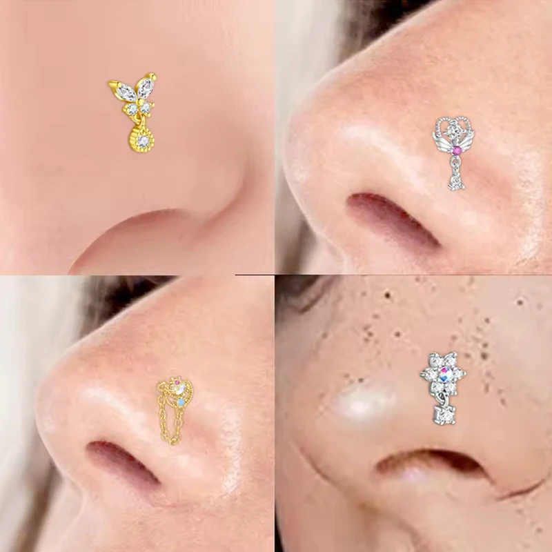 Ladies' L-Shaped Nose Ring Hanging Nose Nail Stainless Steel+Copper Curved Ring butterfly Pendant Nose Decoration 20G
