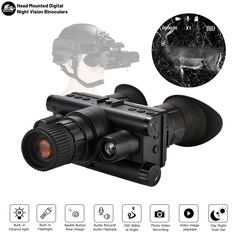 OHB-R5 1080P HD Night Vision Digital Binoculars 600M Long Range Hunting with IR & Tacticle Flashlight Head Mounted Video Camera