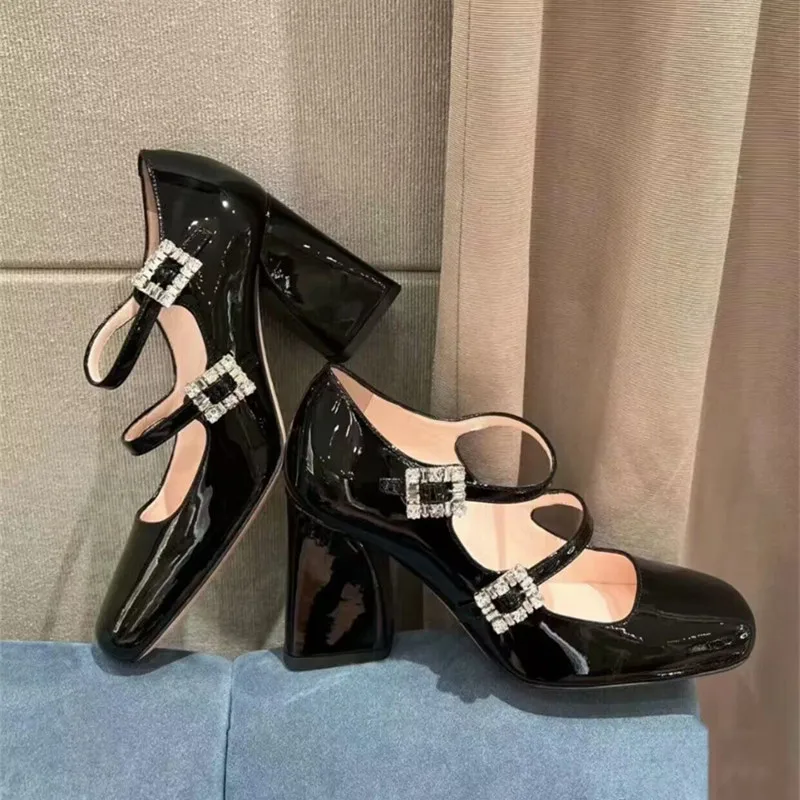 

2025 Spring New Shoes Thick Heel Square Head High Heel Square Buckle Single Shoes Rhinestone Single Shoes Women