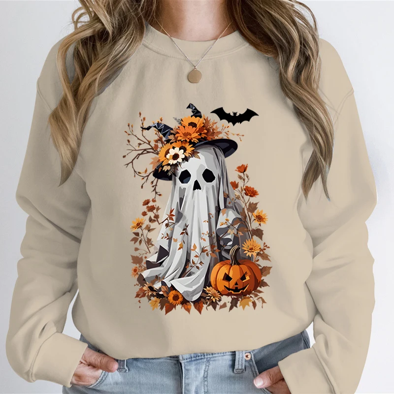 Watercolor Pumpkin Spooky Ghost Print Sweatshirt Hoodie Women Vintage Flower Autumn Leaves Sweatshirts Halloween Ghost Hoodies