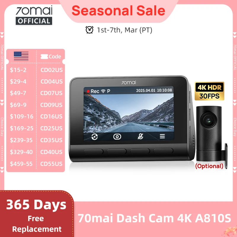 New 70mai 4K Dash Cam A810S HDR Supercapacitor 4G LTE Wi-Fi 6 Voice Control GPS ADAS 70mai A810S Upgrade Version of 70mai A810