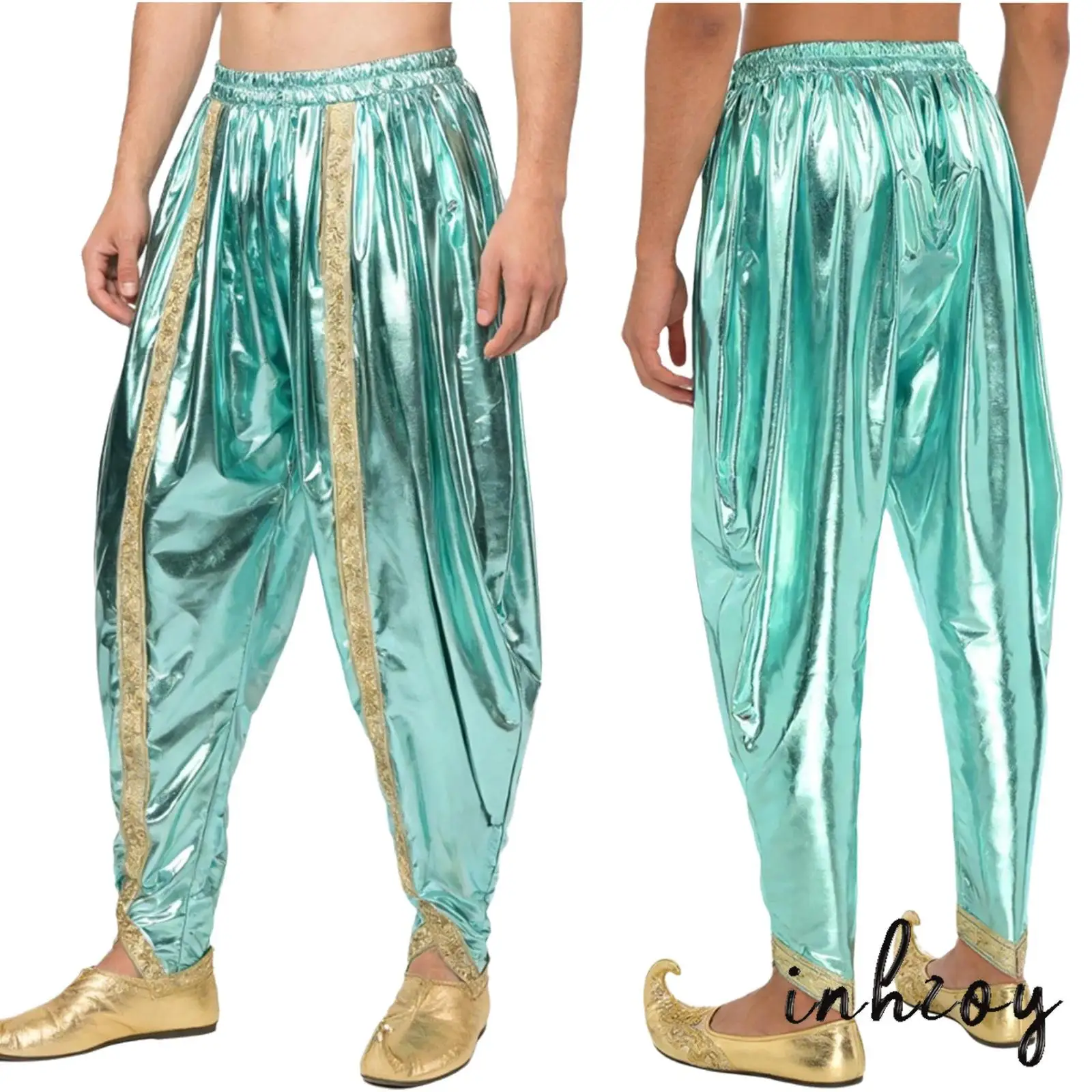 

Mens Opulent Indian Dhoti Pants with Gold Brocade Trim And Metallic Shine Elastic Waist Harem Pants Trousers for Party Cosplay