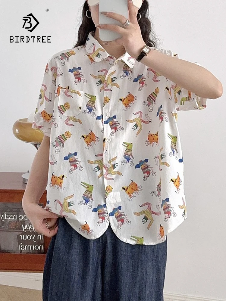 

New 2025 Summer Cotton Short Sleeve Shirt, Women Turn-down Collar Print, Mori Girl Cute Versatile Commute Loose Blouse T57187CC