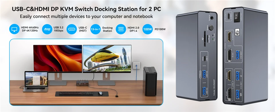 KVM Switch 2 Monitors 2 PC USB-C Docking Station with HDMI 4K@60Hz & DP 4K@120Hz