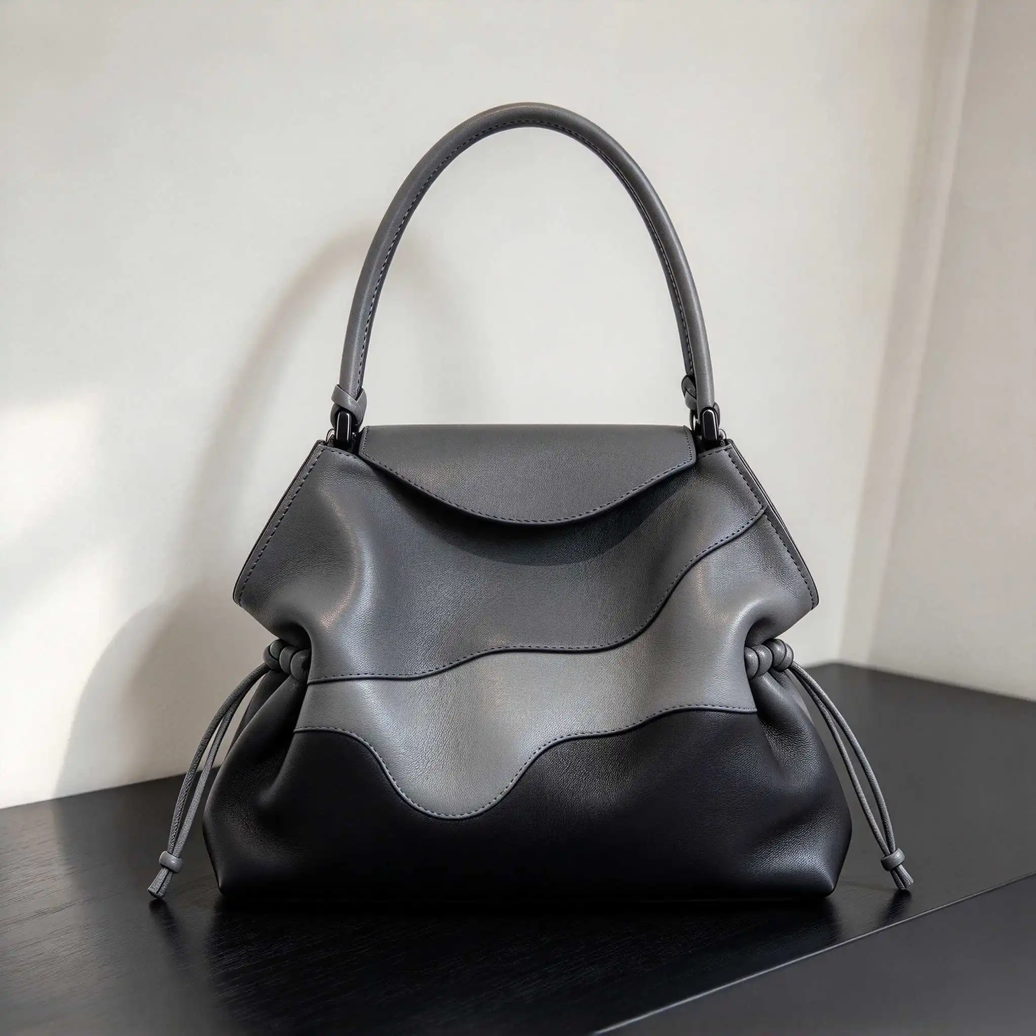 Women High Quality Luxury Black Grey Gradient Handbags Designer Genuine Leather Classic Chic Office Fashion Style Tote Bag