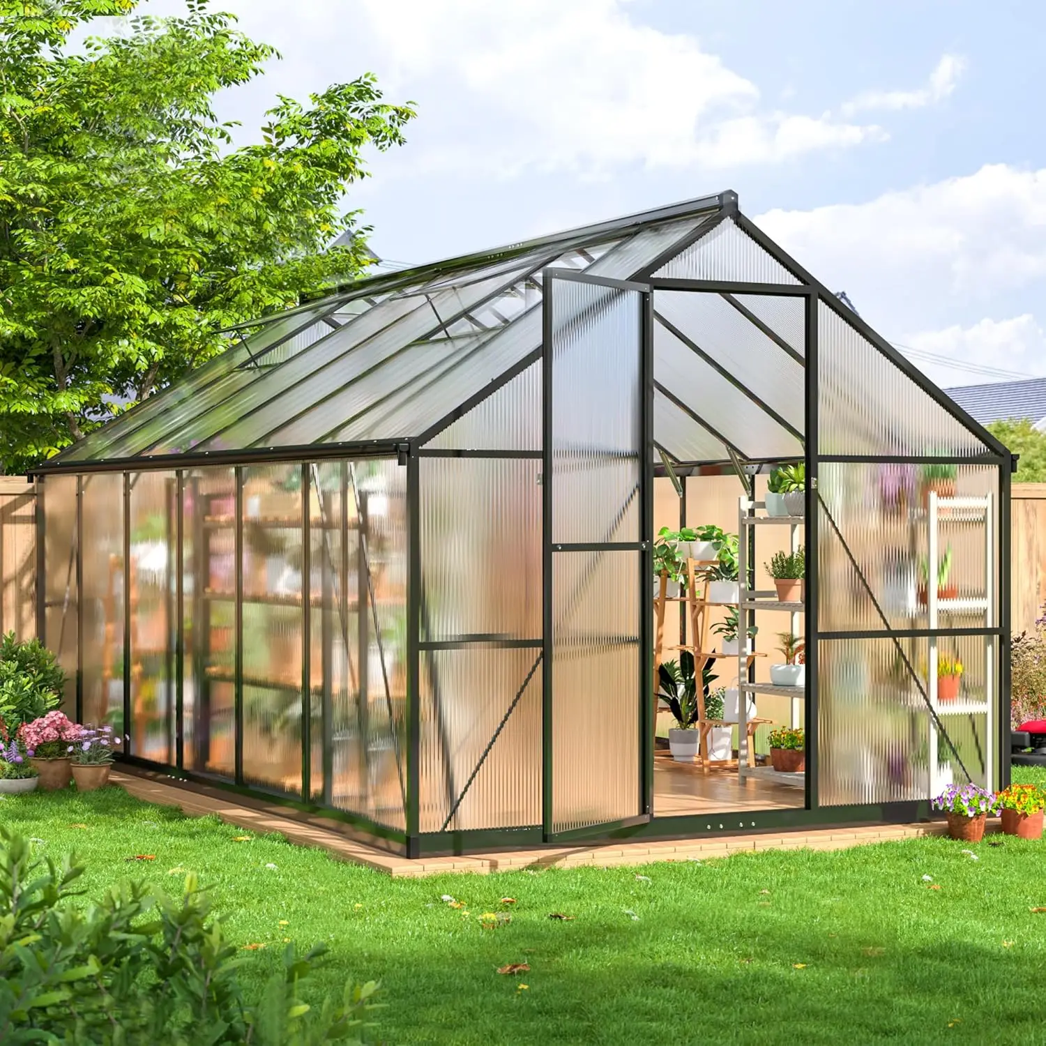 8x12 FT Greenhouse for Outdoors, Quick Setup Polycarbonate Greenhouse,Aluminum Large Walk-in Greenhouse for Outside Garden,Black