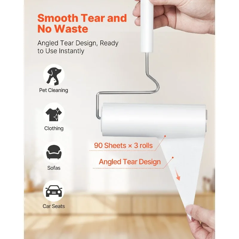 أسطوانة الوبر اللاصقة، مجموعة من 3 قطع من بكرات شعر الحيوانات الأليفة الكبيرة، 270 ورقة من أسطوانة الوبر اللاصقة المزودة بمقبض مطور،