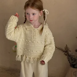 Tassels Sweater Childrens Clothing 2024 Turn Down Collar Loose Fahsion Open Stitch Loose Simple Causal Versatile Fashion