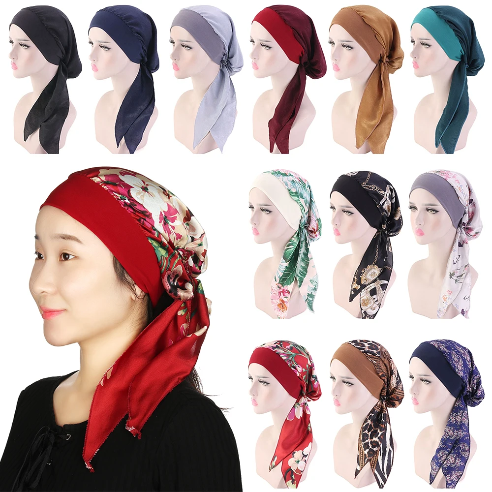

Fashion Women Headwear Pre-Tied Elastic Muslim Turban Cancer Head Scarf Chemo Pirate Cap Printed Hair Loss Hat
