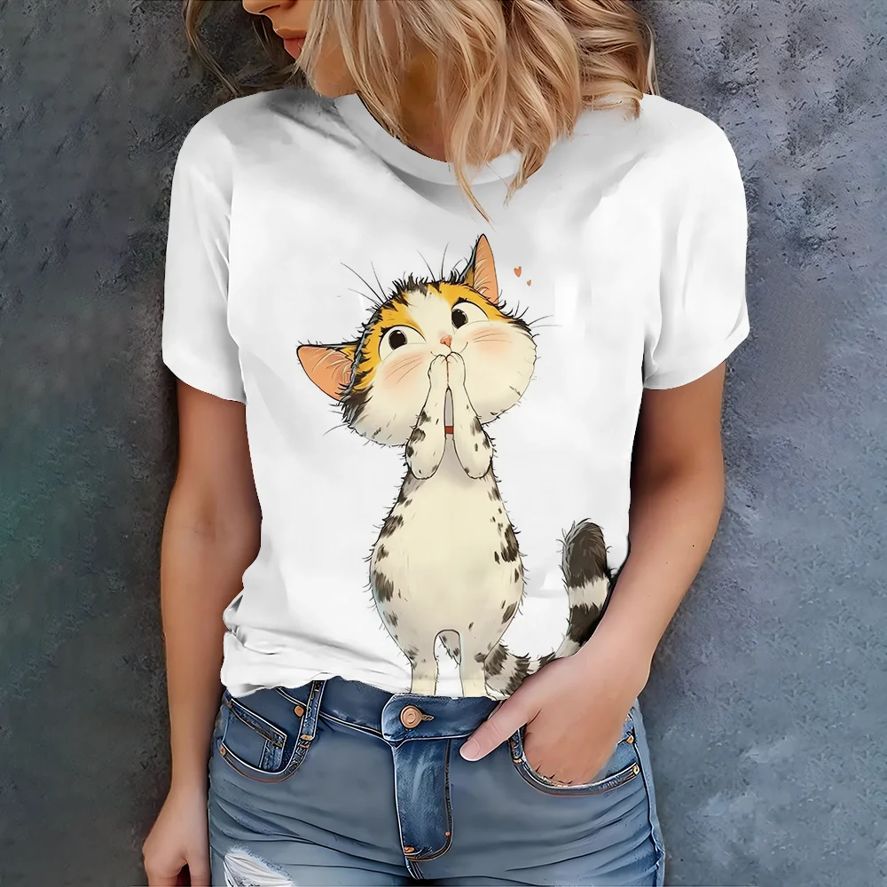 

Милая и милая белая футболка с милым котом и принтом Sweet Pet Atmosphere, повседневная летняя женская повседневная модная футболка с короткими рукавами