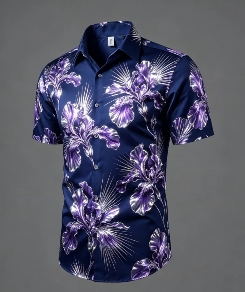 Men Lapel Collar Short Sleeve Shirt Navy Purple Gradient Iris Floral Print Loose Button Front Fashion Casual Shirts