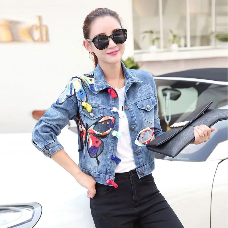 2023 Spring Autumn New Loose Short Embroidery Casual Slim Denim Short Coat Female Color Butterfly Pattern Long Sleeve Jeans Top