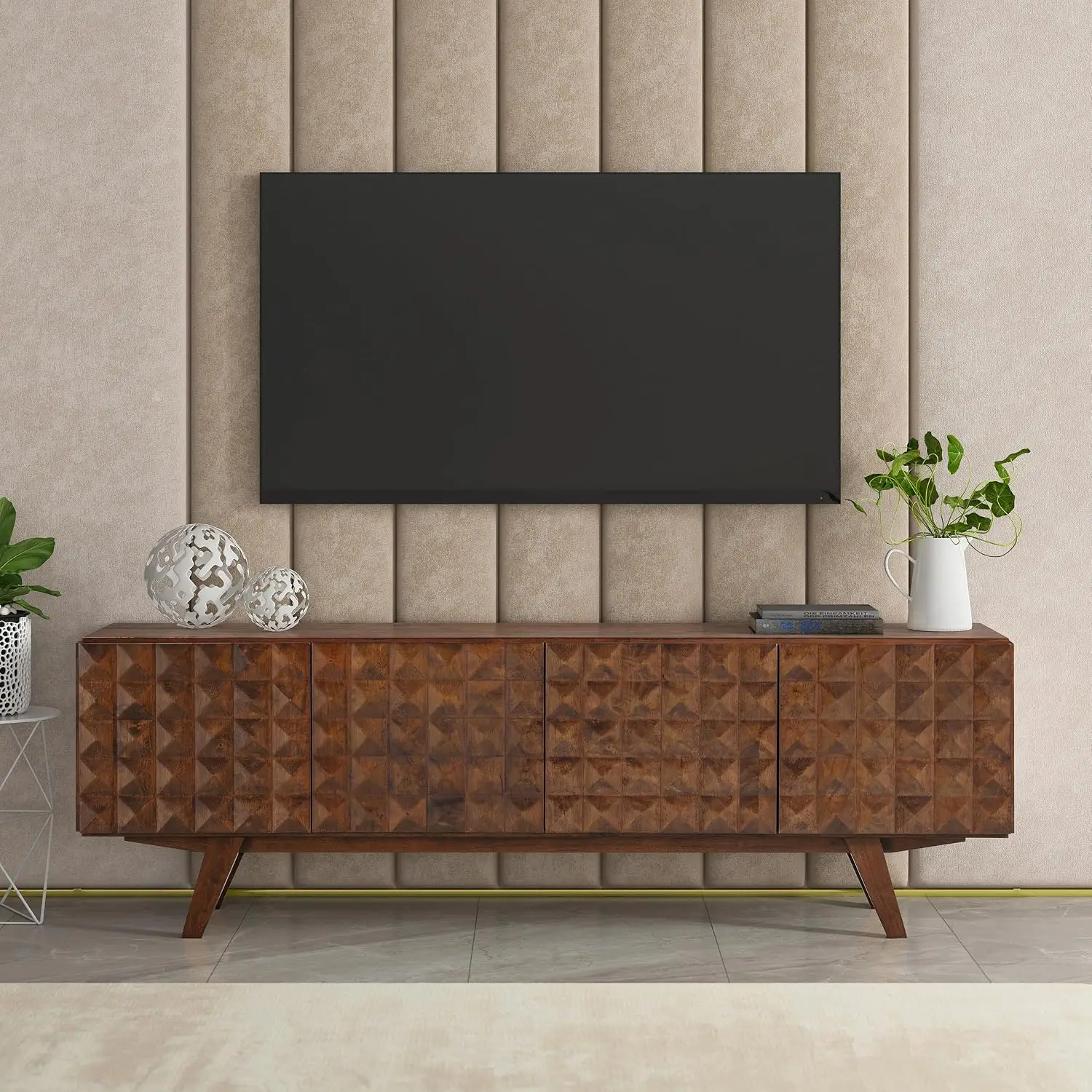 Mid-Century Solid Wood TV Stand 4-Door Media Console Carved Geometric Fronts TVs up to 75