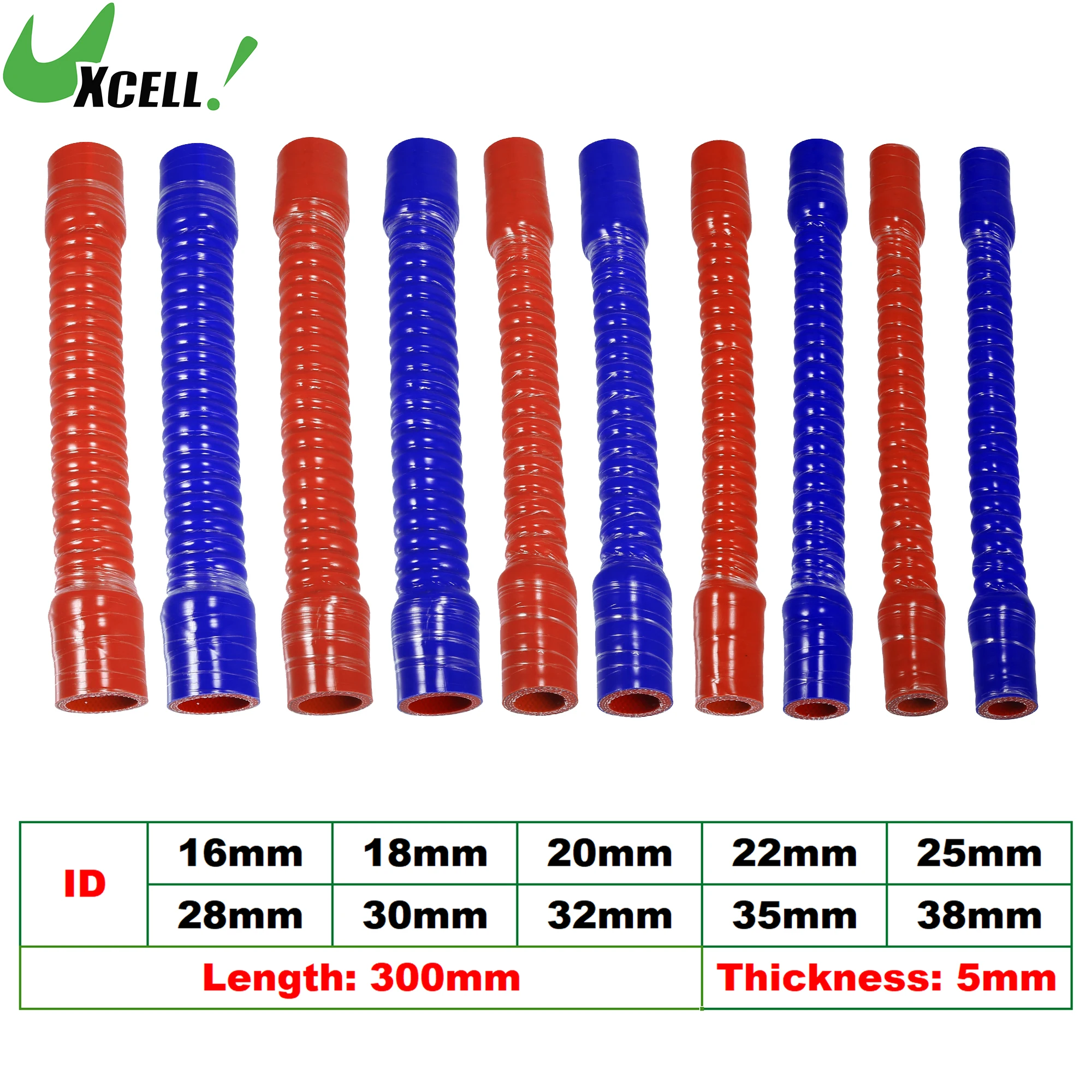 UXCELL 16/18/20/22/25/28/30/32/35/38mm ID Car Silicone Corrugated Pipe Threaded Hose Inlet Outlet Joint Hose 300mm Long Blue Red