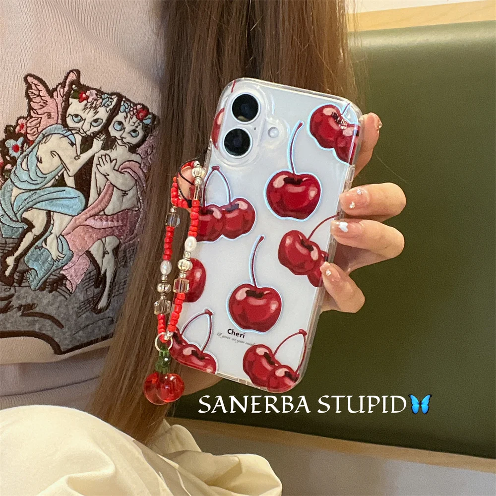 

Korean cute cherry phone case for iPhone 13 14 15 16 Pro Max cover with hinged Kawaii shockproof protective cover For 15 Cases
