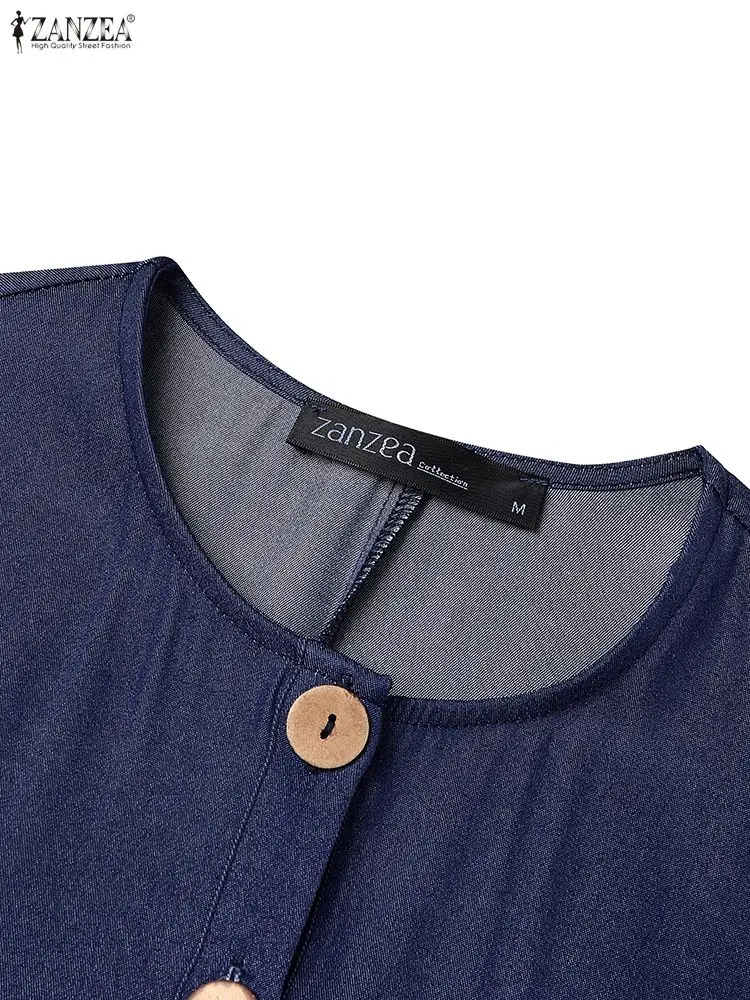 ZANZEA Denim-Like Casual Black Long Dresses Women's Loose O-Neck Lantern Sleeve Half-Buttons Maxi Dress Fall 2025 Woman Clothing