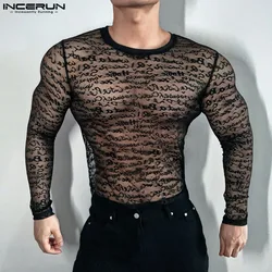 Party Nightclub Tops INCERUN Men's Sexy English Printed Pattern See-through T-shirts Fashion Clubwear Thin Long Sleeved Camiseta