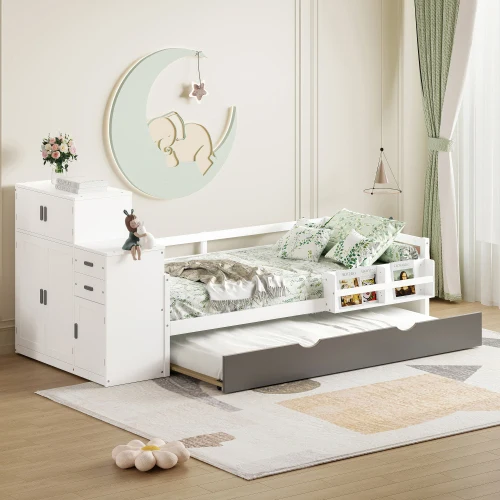 #Twin Size Wood Platform Bed With Sample Bookshelf And Movable Wardrobe, Multifunctional Bed With Built-in Trundle Bed