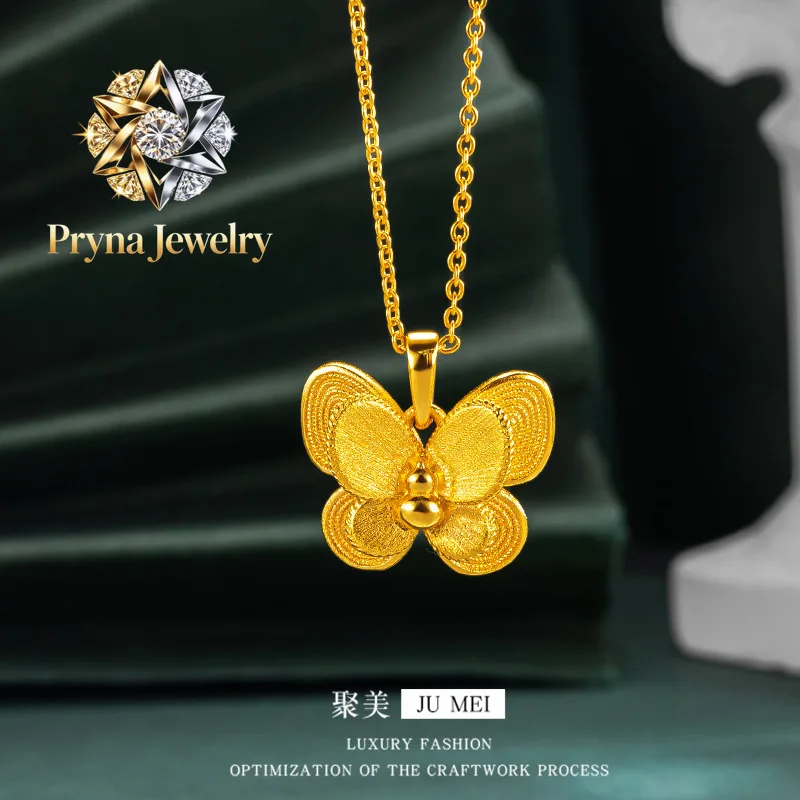 Pryna Jewelry  Luxury 24K 9999 Pure Gold real gold Brushed Double Butterfly Pendant Three-dimensional Pendant Necklace