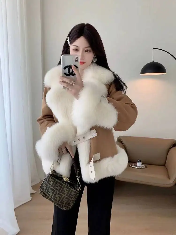 Leather Fur All-in-one 2024 New Winter Imitation Leather Fashion Large Lapel Fur Fur Warm Spliced Wool Jacket