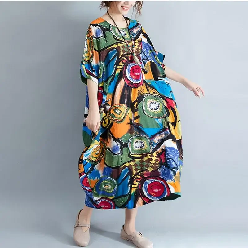 DIMANAF 2024 Plus Size Dress Women Summer Beach Print Vintage Cotton Maxi Dress Casual Oversize Lady Long Dresses Green