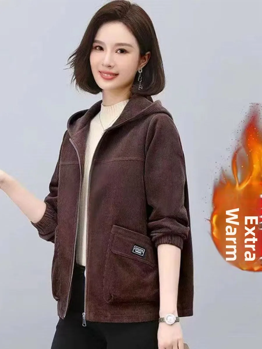 

Thickened Corduroy Jacket Women's Casual Style Fleece Lined Hooded Coat Warmth for Autumn Winter Seasons Korean Version Slim Fit
