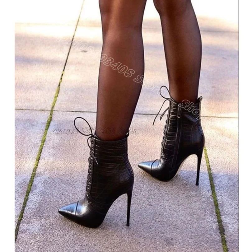 

Black Lace up Stiletto Short Boots Pointed Toe Stylish Side Zipper Spring Women Party Dress Sexy Shoes 2024 Zapatos Para Mujere