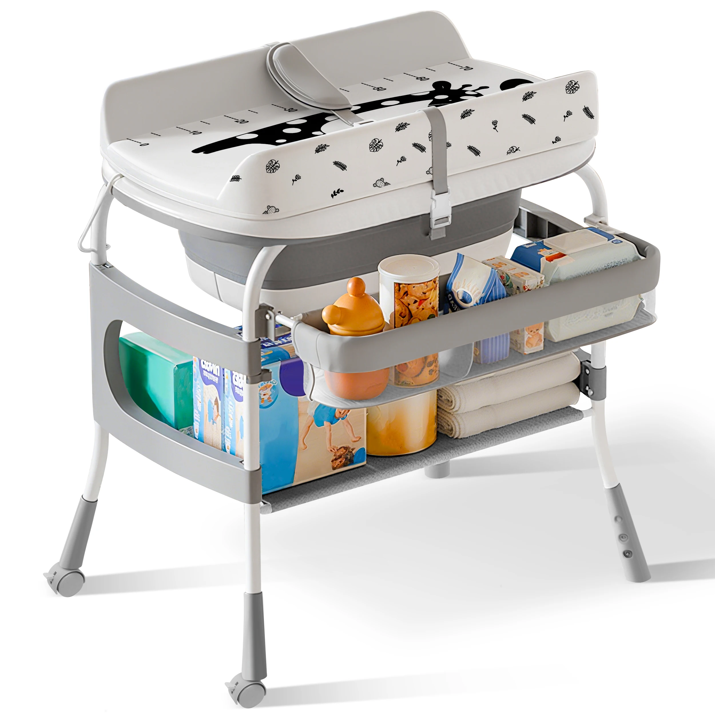 Cambiador y bañera 2 en 1: portátil plegable con bandeja de almacenamiento y ruedas con ruedas, diseño antivuelco (gris)