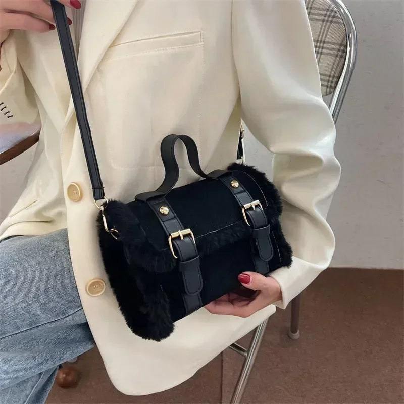 Lamb Wool Splicing Small Bag 2024 New Trend Versatile Handbag Fashionable Single Shoulder Crossbody Large Capacity Square Bags