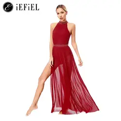 Damski liryczny kostium sceniczny błyszczący Rhinestone Halter trykot Split Maxi przezroczysta, zwiewna tiulowa sukienka stroje do tańca towarzyskiego