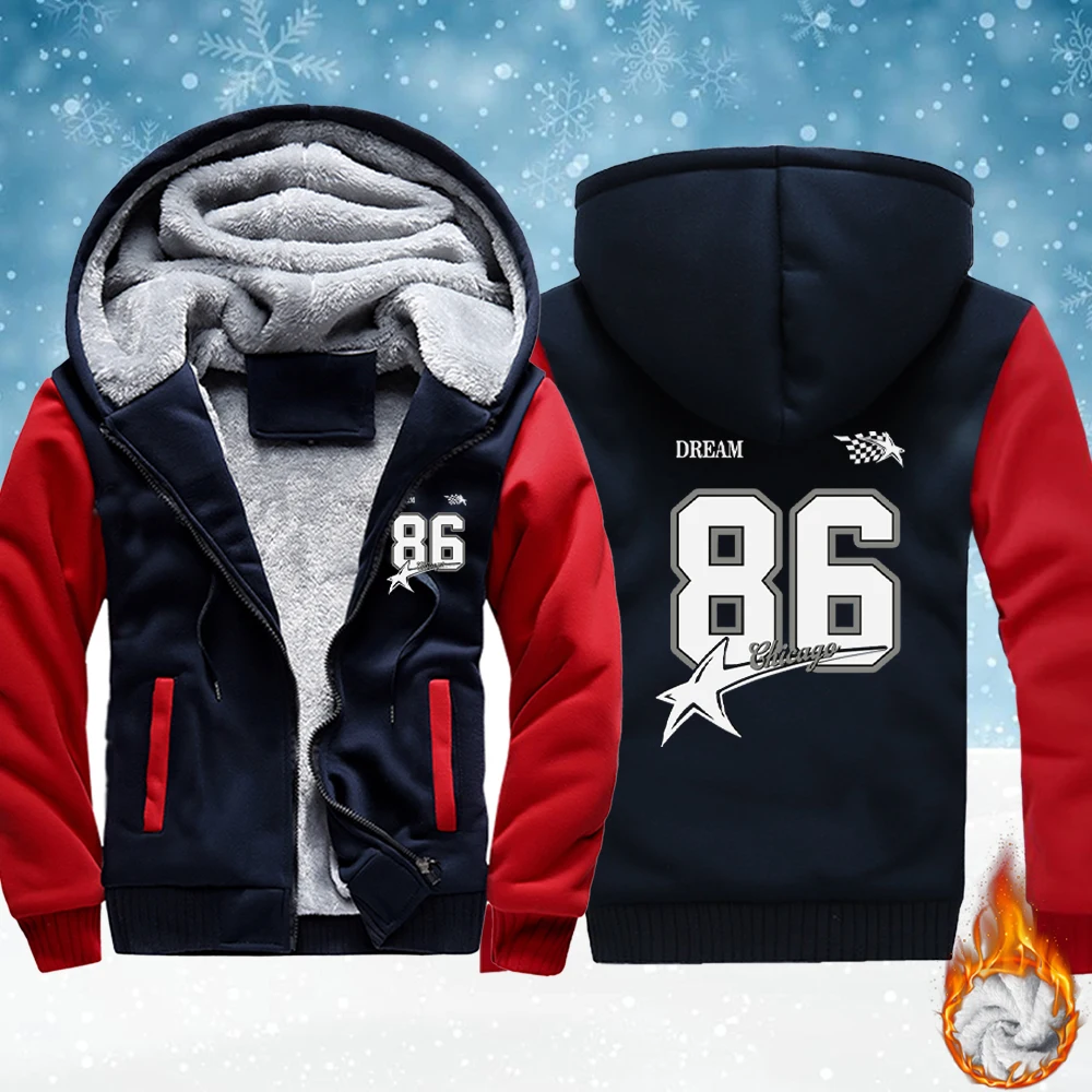 

Chicago Number 86 Star Printed Man Fleece Zip-Up Jackets Warm Basics Veste Soft Comfy Tops Winter Thicken Outwear Casual Hoodie