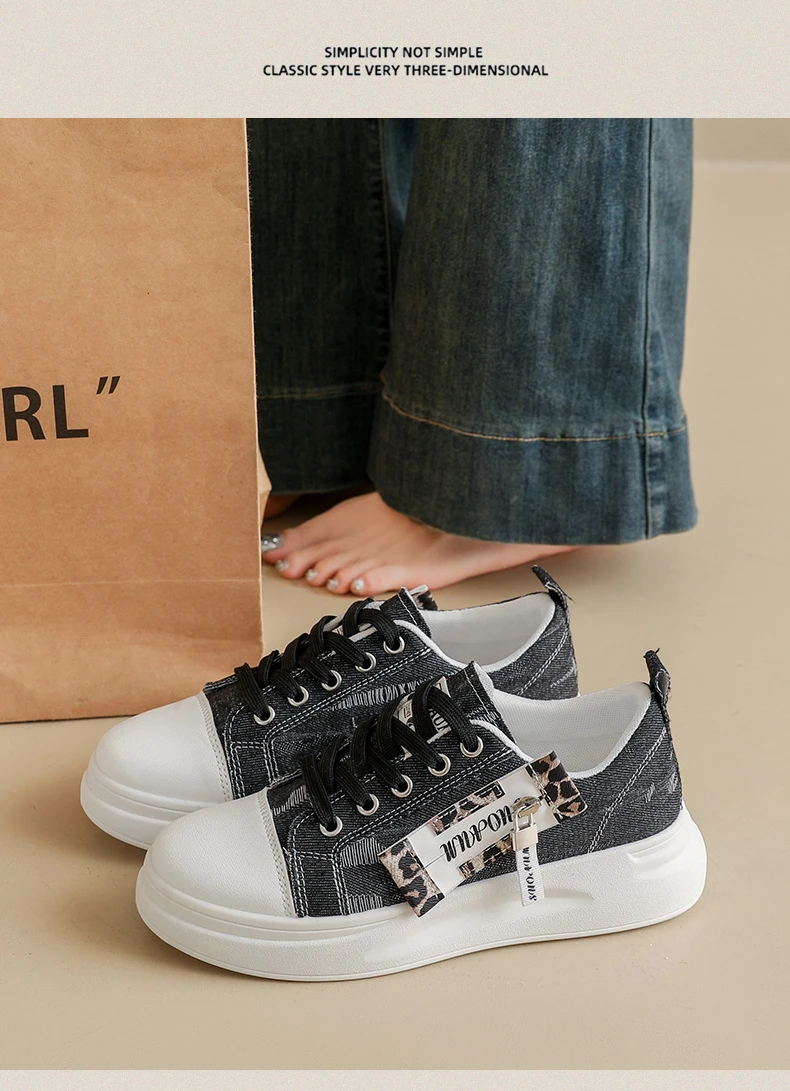 Neue Hip-Hop-Style Denim-Canvas-Schuhe Größe 43 Damen-Plimsolls mit Leoparden-Detail Niedrige Sneakers Damen Mode Freizeittrainer Turnschuhe – Detail 21