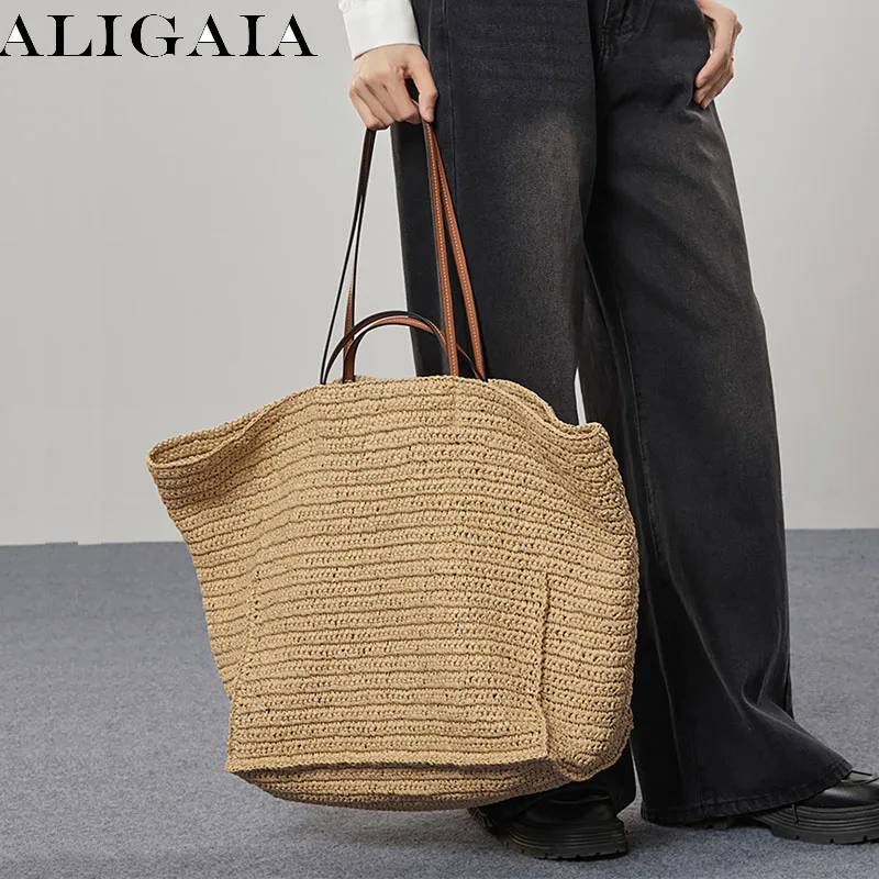 Casual Women Large Capacity Straw Woven Tote Bag Summer Beach Vacation Shoulder Bag Travel Underarm Ladies Shopping Handle Bag