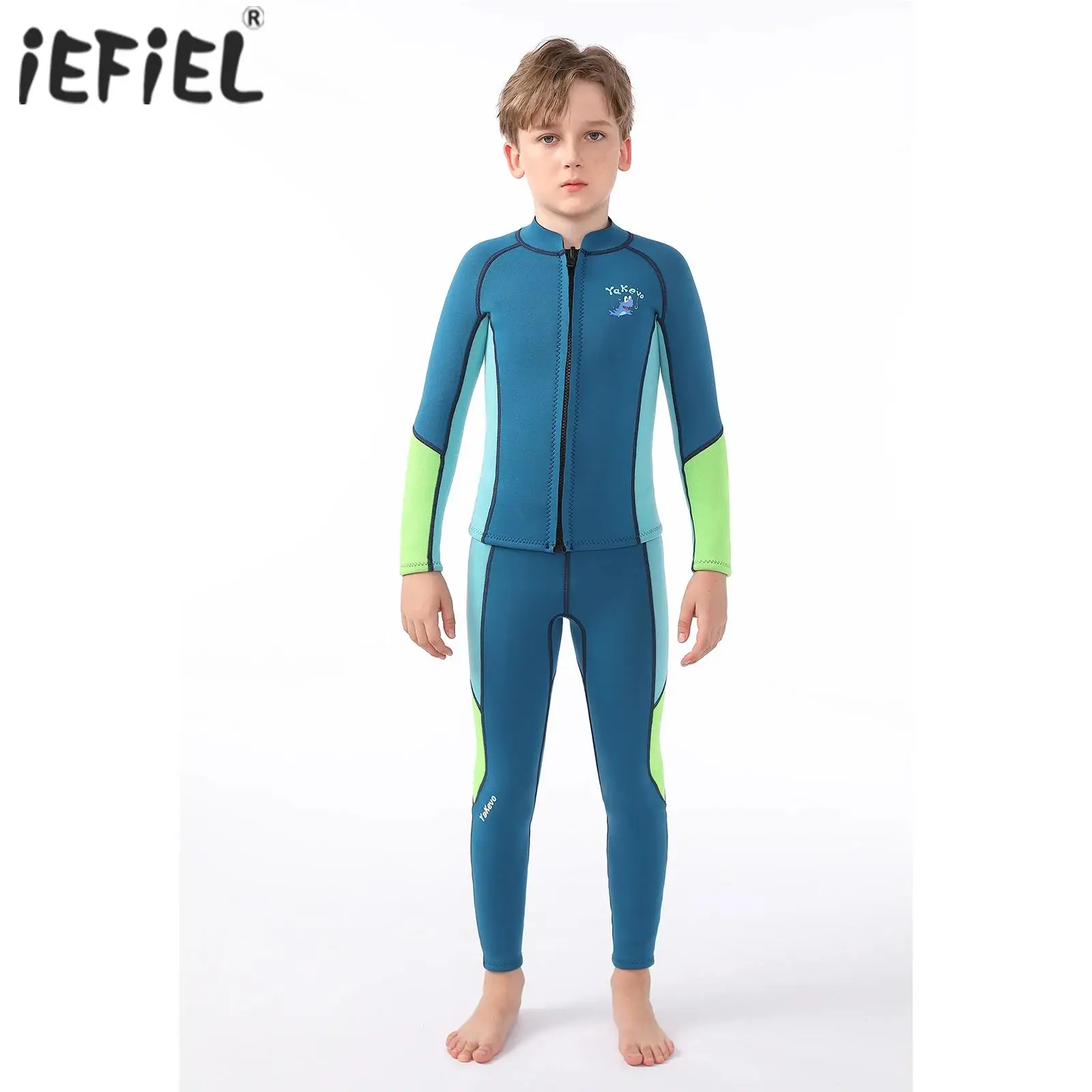 

2Pcs Boys Swim Sets 2.5mm Neoprene Thermal Swimsuit Long Sleeves Front Zipper Swim Tops and Pants Wet Suit for Surfing Diving