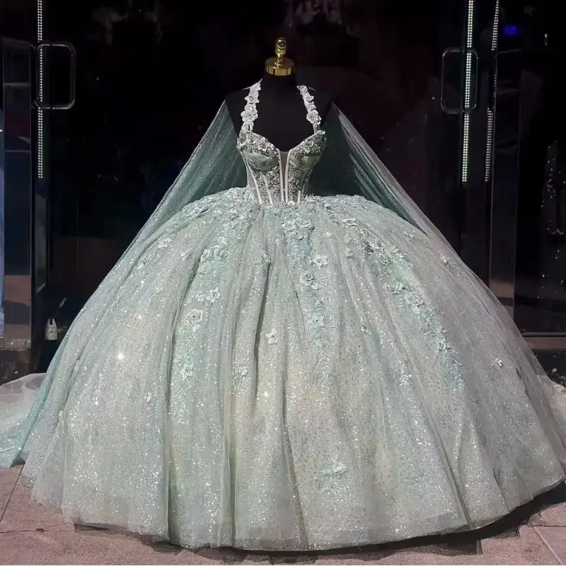 Customized Shinning Mint Green Quinceanera Dresses Sexy Strap Birthday Party Ball Gowns Tull Princess vestidos de 15 quinceañera