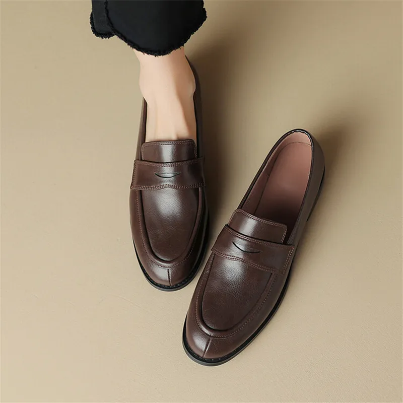 New Spring Split Leather Loafers Woman Shoes Chunky Heel Round Toe Shoes for Women Ladies Shoes Casual Low Heel Women Pumps