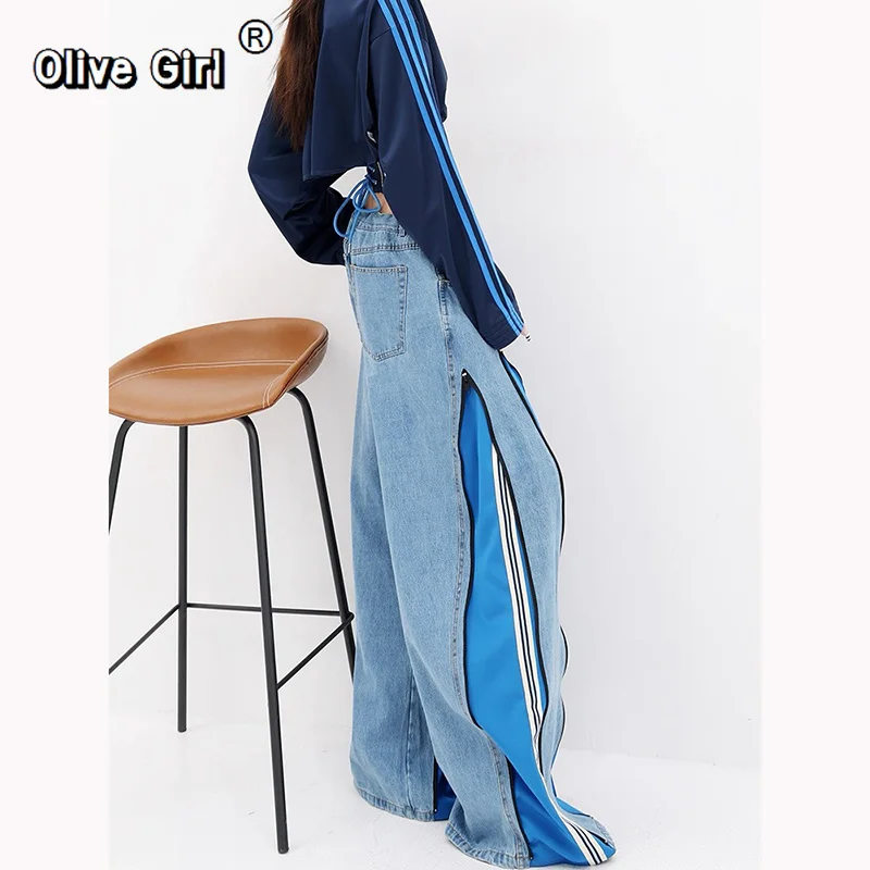 Olivegirl Y2K Women's Denim Jeans Tall Patchwork Contrasting Summer Niche Design Zippered Wide Leg Pants Trendy Streetwear
