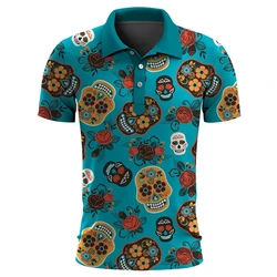 Funny Skull 3D Print Short Sleeve Polo Shirts For Men Clothes Casual Mexico Lucky Skeleton Graphic Lapel POLO Shirt Button Tops
