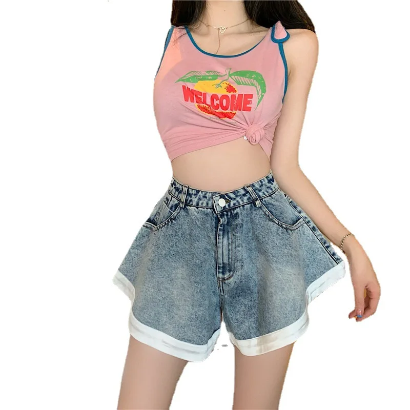 

Women's Retro Spice Shorts Summer's New High-waisted Slimming Wide-leg Patchwork Ruffled Denim Hot Pants