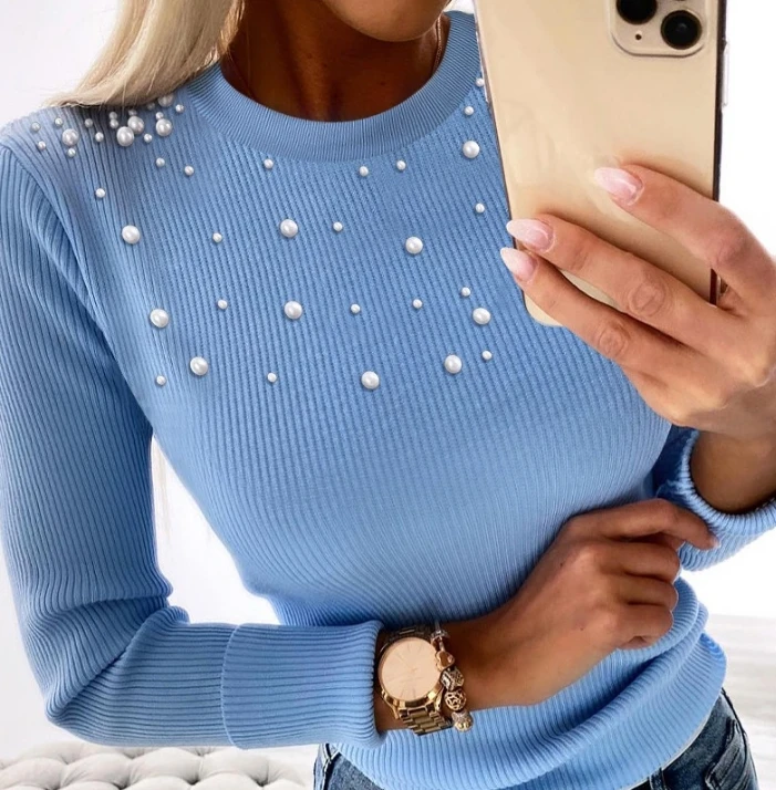 Women's Sweater 2024 Spring Fashion Round Neck Long Sleeve Beaded Decor Casual Plain Slim Fit Daily Knit Sweater