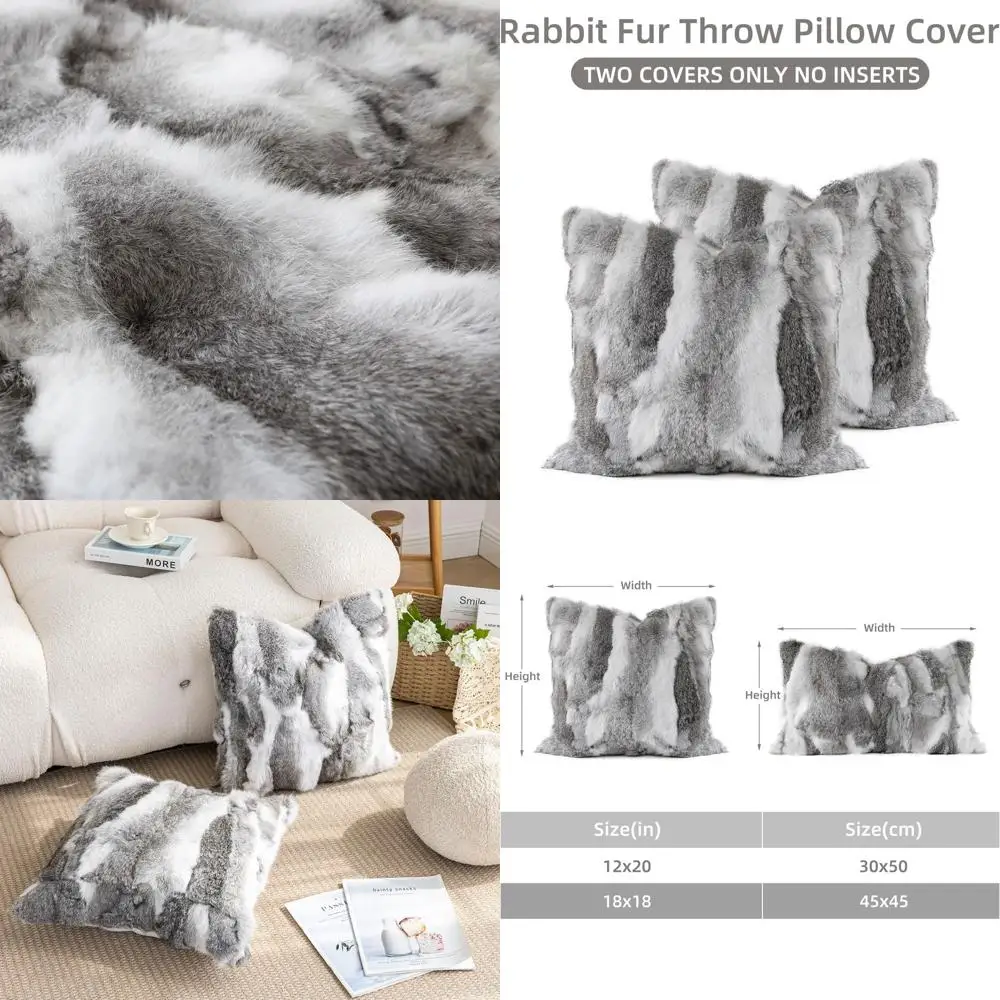 

Luxury Rabbit Fur Pillow Covers Set, Soft Plush Cushion Covers for Home Decor, 18x18 inches, Gray-White
