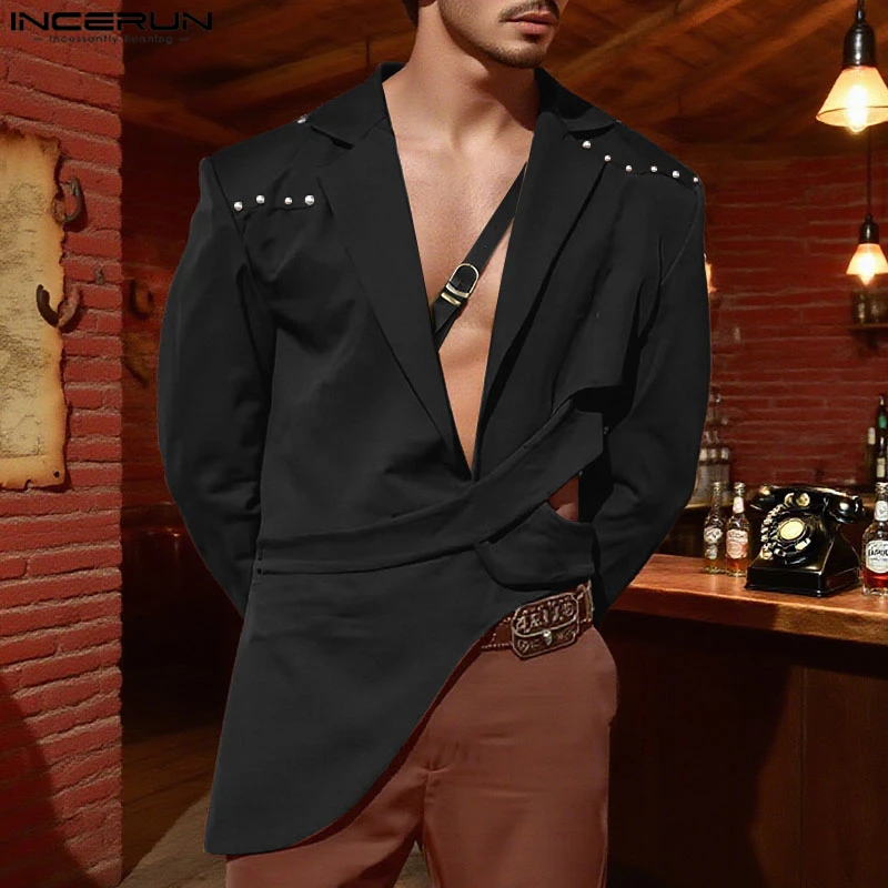 INCERUN Men Irregular Blazer Solid Color Lapel Long Sleeve Hollow Out Casual Suit Men Streetwear Fashion Thin Coats Male Blazer
