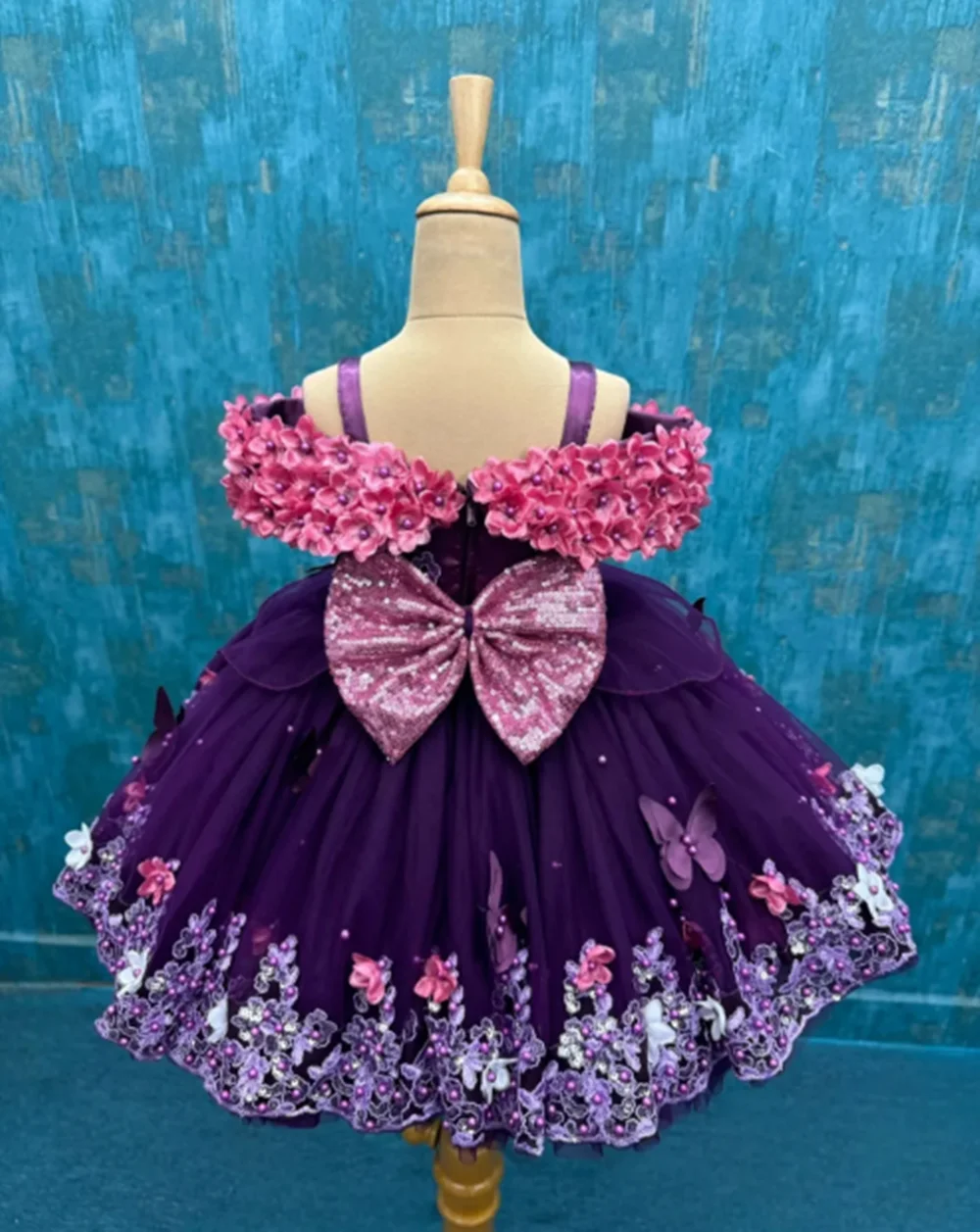 

Purple Flower Girl Dresses For Wedding 3D Flower Pearls Appliques Luxury Birthday Party First Communion Gown
