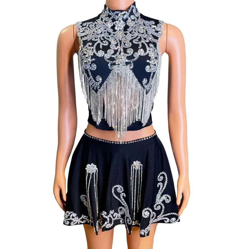 Strass completo jazz dança traje feminino grupo desempenho outfit bar boate dj ds palco festival saia superior rave wear xs9863