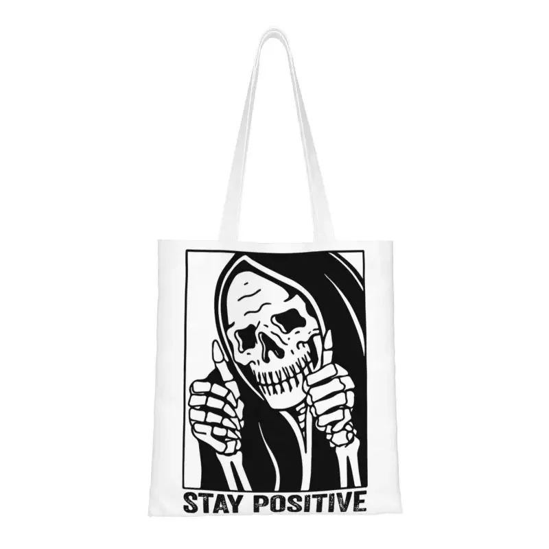 Reusable Funny Skull Stay Positive Skeleton Shopping Bag Women Shoulder Canvas Tote Bag Durable Grocery Shopper Bags