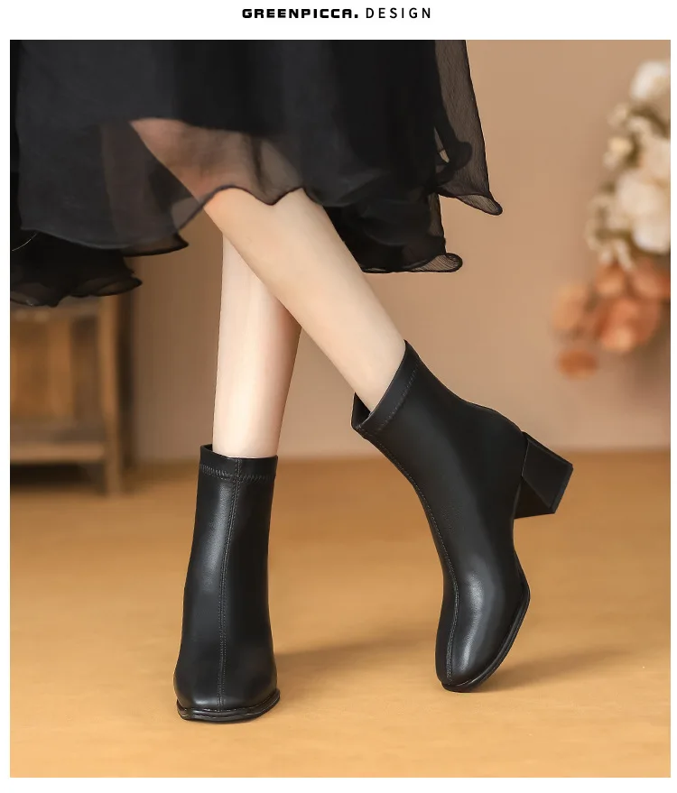 أحذية قصيرة نسائية بكعب سميك أحذية الخريف والشتاء أحذية سيدة Ins شعبية الجلود الاصطناعية منتصف Bootie مع سحاب #5