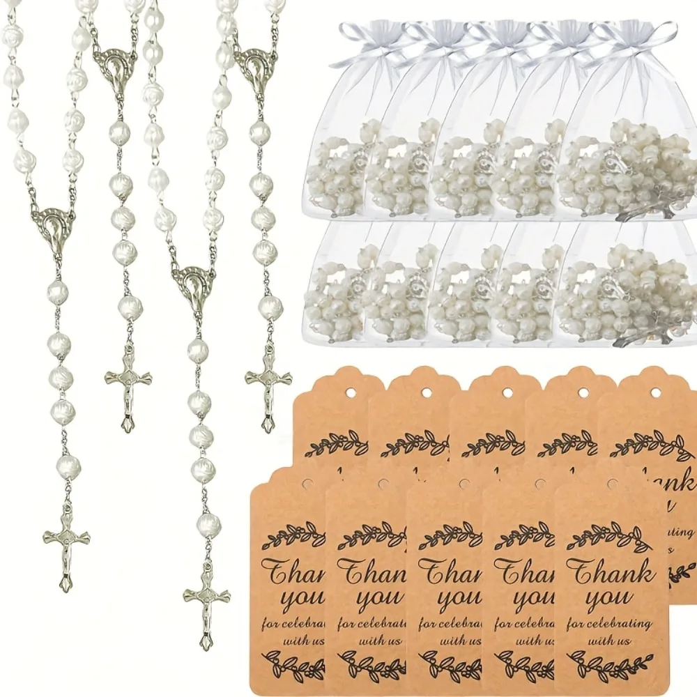 30 Stück/10 Sets Tauf-Rosenkranz-Geschenke im Großpack, Weißer Perlen-Rosenkranz mit Silberkreuz, Organzabeutel & Dankeskarten