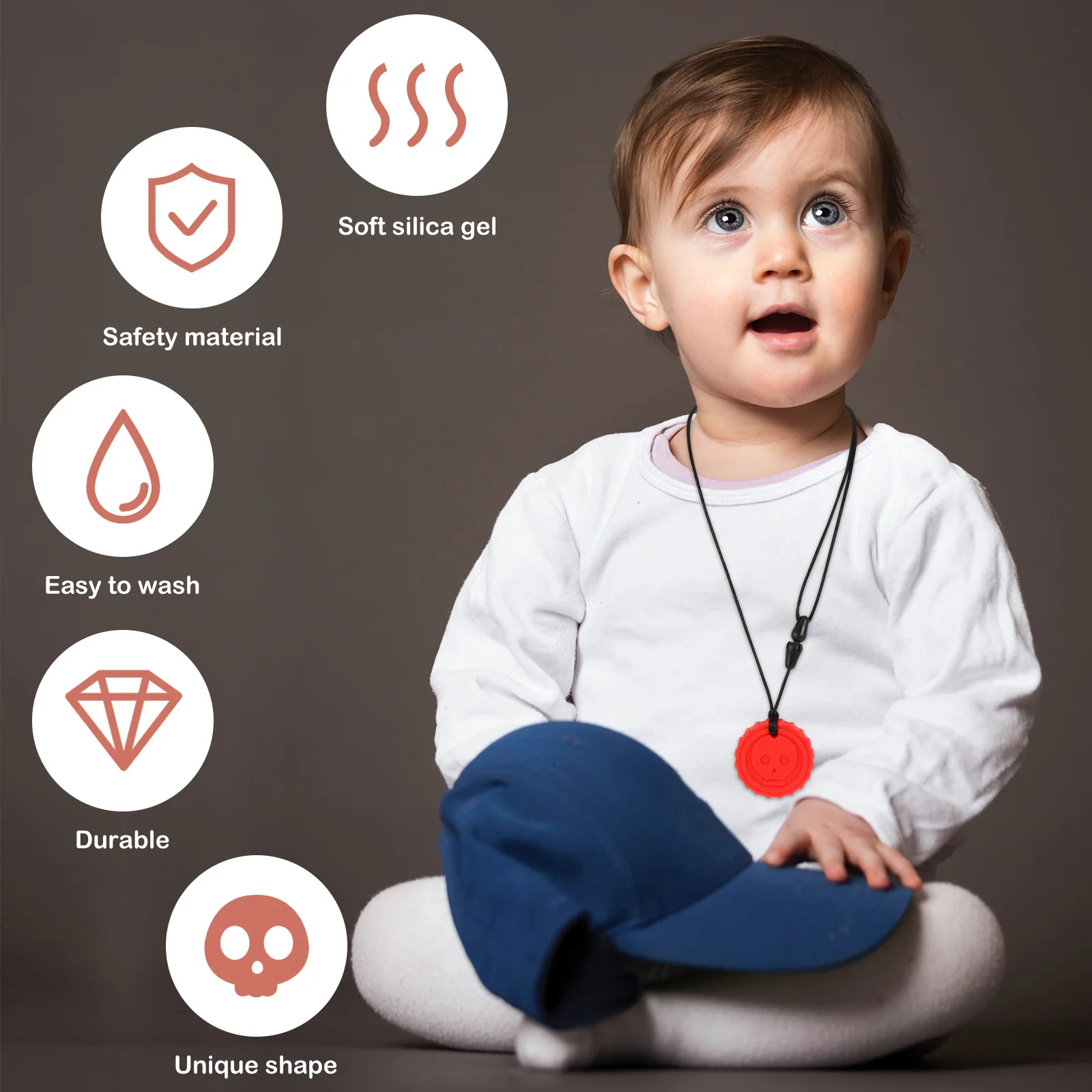 

Skull Shape Silicone Teether For Toddlers Newborns Molar Relief Sensory Chew Necklace Baby Teething Tool Molar