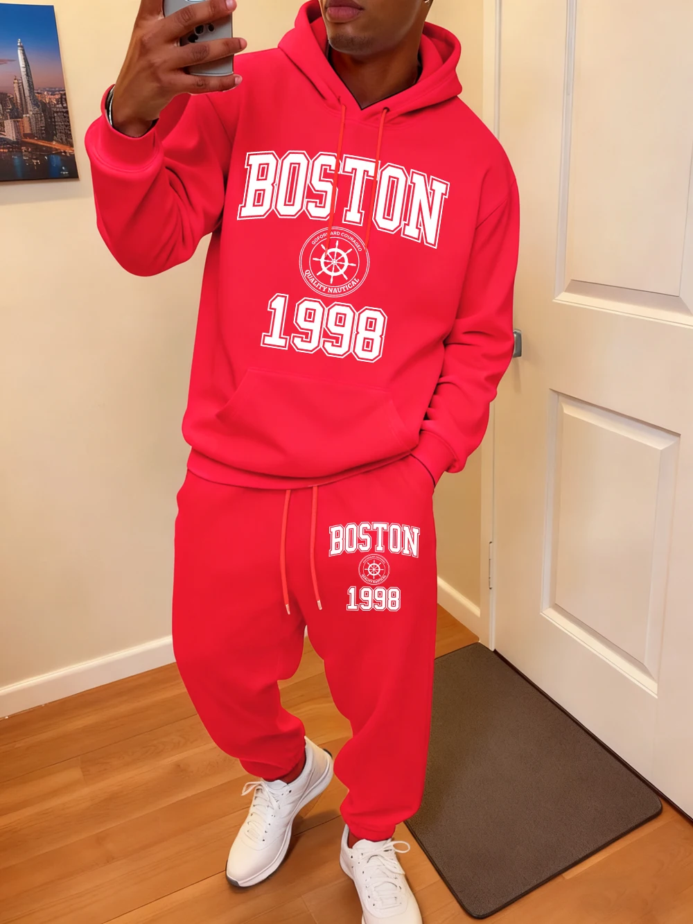 2 قطعة هوديس مجموعة الرجال مدينة بوسطن 1998 الفن إلكتروني يطبع Sweatpants الشتاء الصوف الدافئة جيب السراويل هودي ملابس رياضية فضفاضة #1