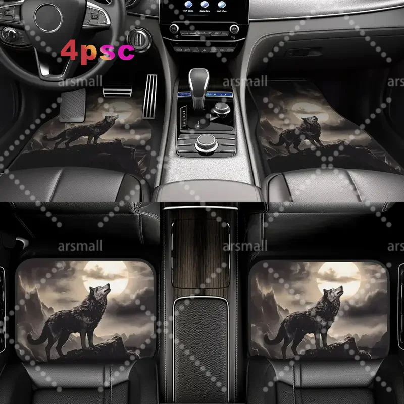 4pcs Wolf Howling At Moon Car Floor Mats Stylish Easy To Clean, Universal Fit For All Vehicle Models, Durable Long Lasting Prote